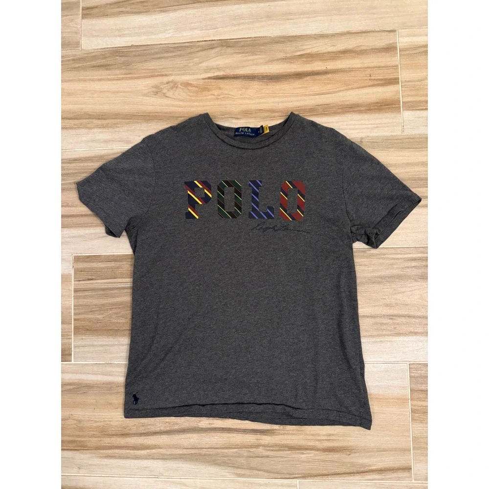 Polo‎ Ralph Lauren Mens T-Shirt Grey Regimental Stripe Logo Graphic Size M